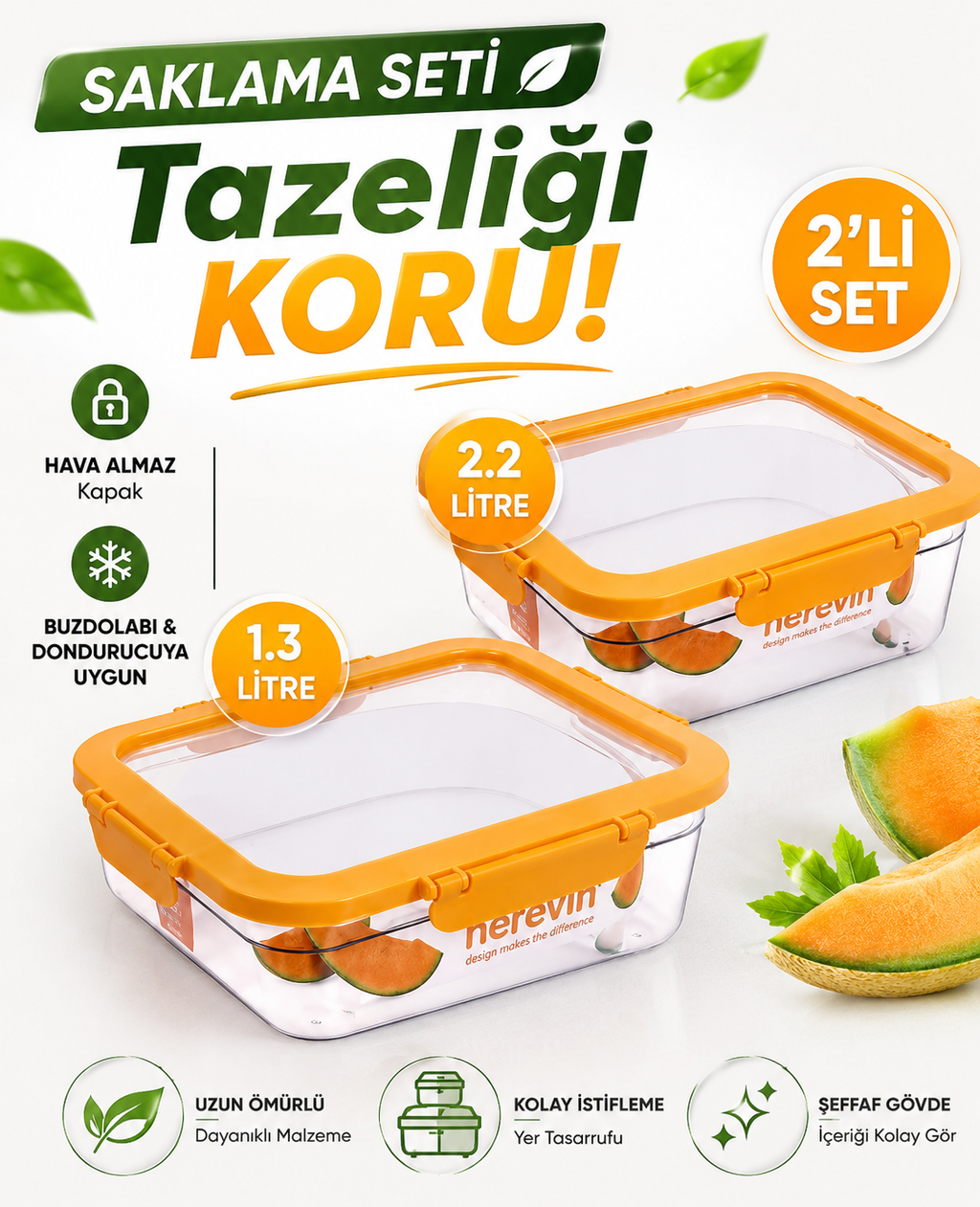 Herevin 2'li Açık Yeşil Plastik Saklama Kabı Seti 1.3 ve 2.2 Litre