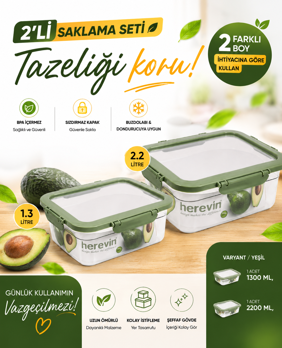 Herevin 2'li Açık Yeşil Plastik Saklama Kabı Seti 1.3 ve 2.2 Litre