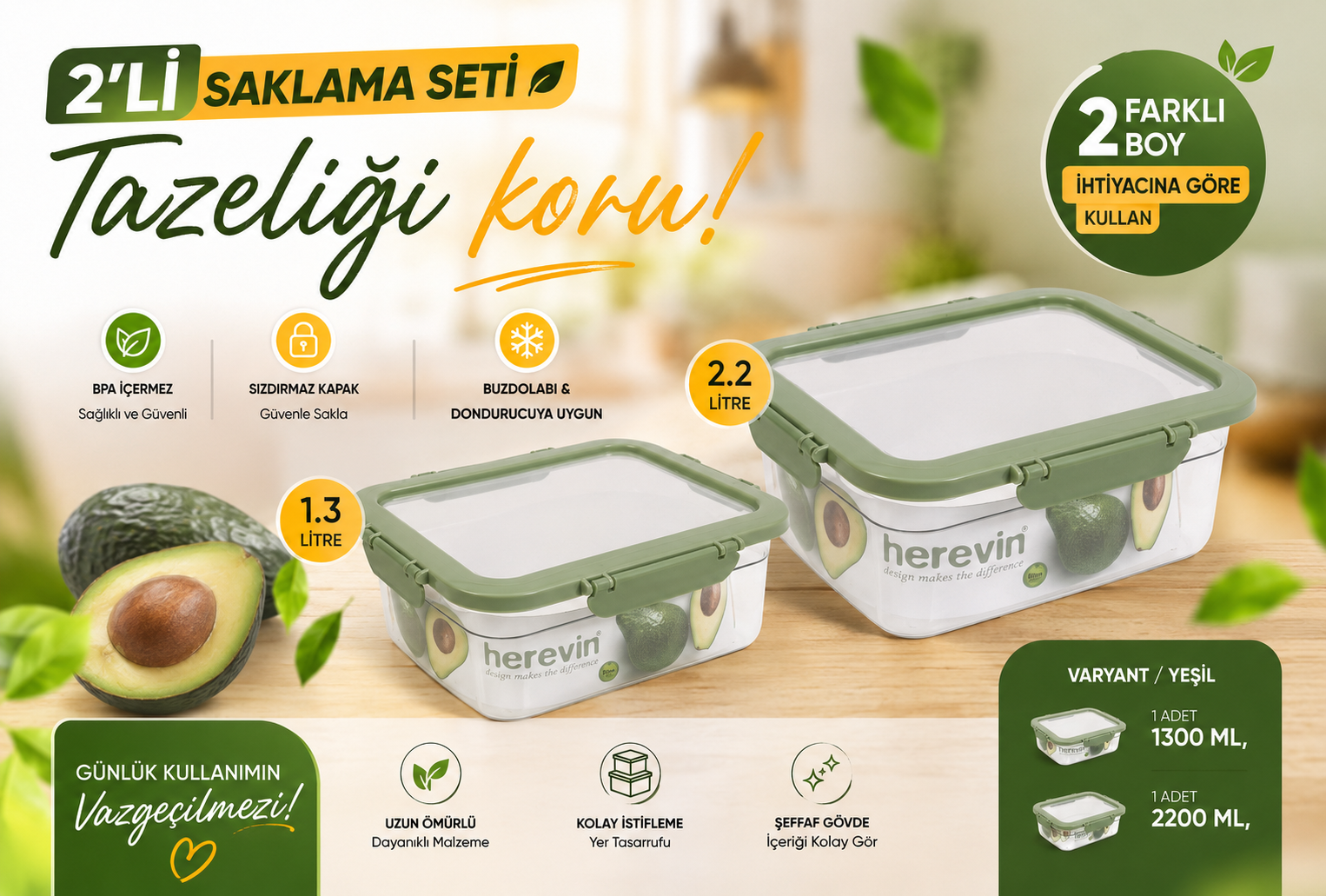 Herevin 2'li Açık Yeşil Plastik Saklama Kabı Seti 1.3 ve 2.2 Litre